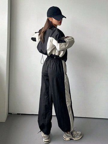 DAZY 2pcs Women Contrast Color Block Long Sleeve Drawstring Front Zip Jacket And Pants Suit