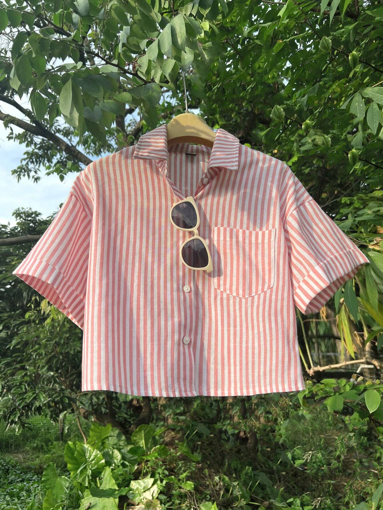 MOOSTA Striped Cropped Relaxed Casual Women Oversized Cuffed Sleeve Blouse shein