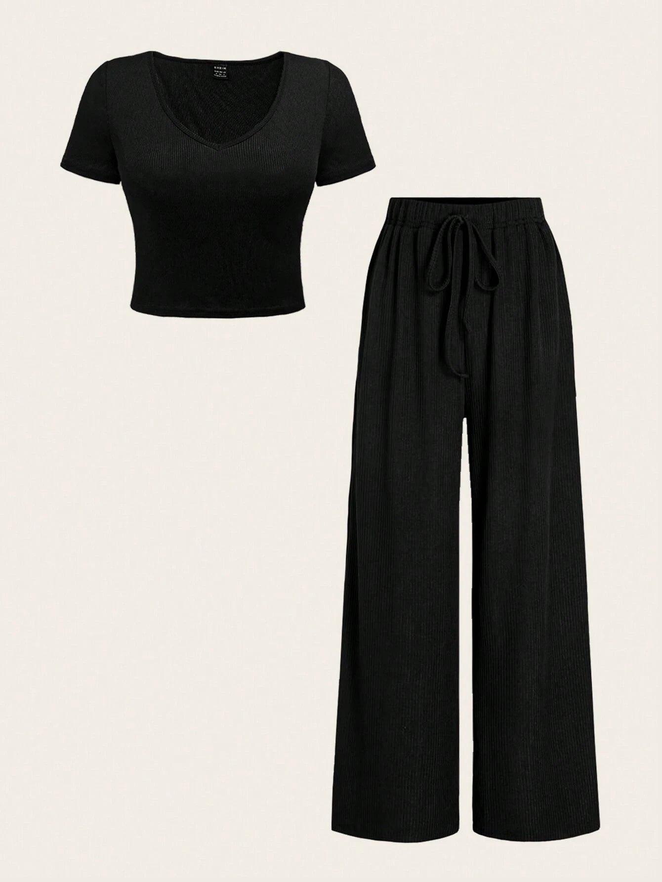 Essnce Summer Plain V-Neck T-Shirt And Wide-Leg Pants Two-Piece Set shein