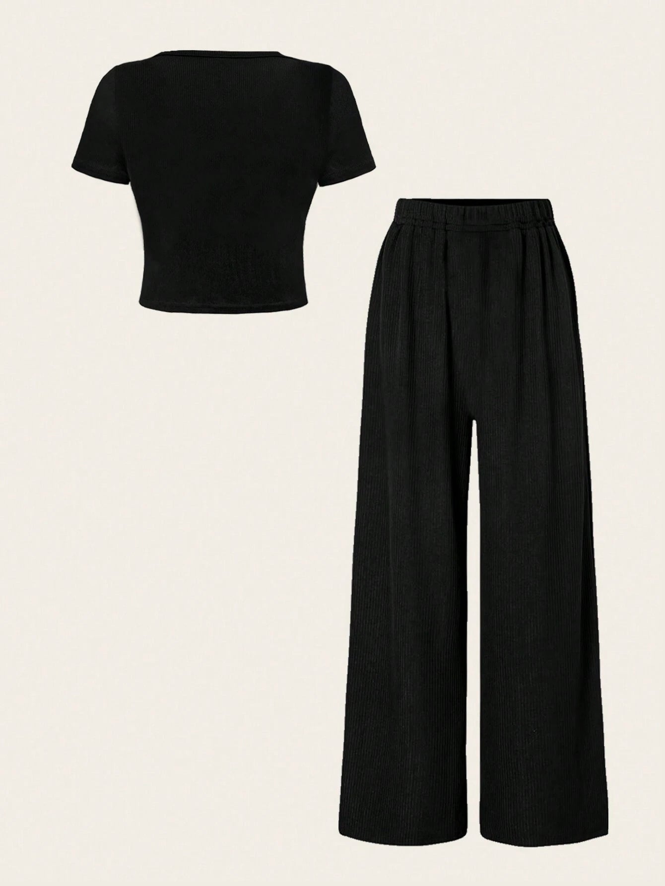 Essnce Summer Plain V-Neck T-Shirt And Wide-Leg Pants Two-Piece Set shein