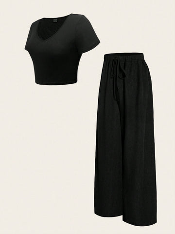 Essnce Summer Plain V-Neck T-Shirt And Wide-Leg Pants Two-Piece Set