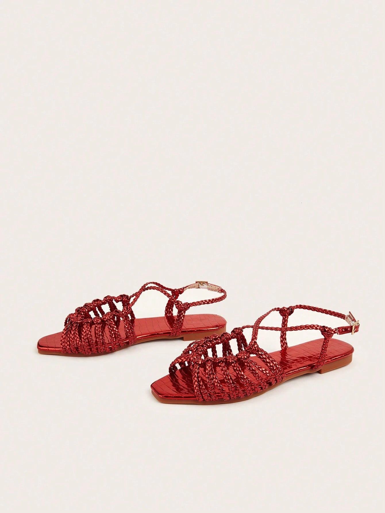 Faux Suede Hand-Woven Twist Flat Sandals shein