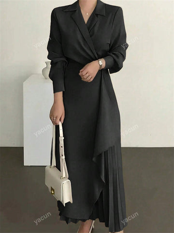 Womens Elegant Formal Long Sleeve Solid Color Belted Dress shein