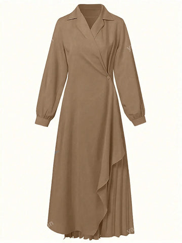 Womens Elegant Formal Long Sleeve Solid Color Belted Dress shein