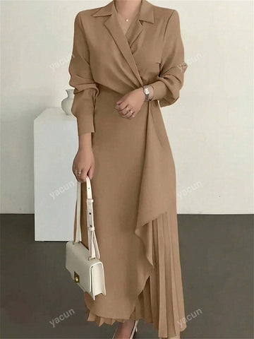 Womens Elegant Formal Long Sleeve Solid Color Belted Dress shein