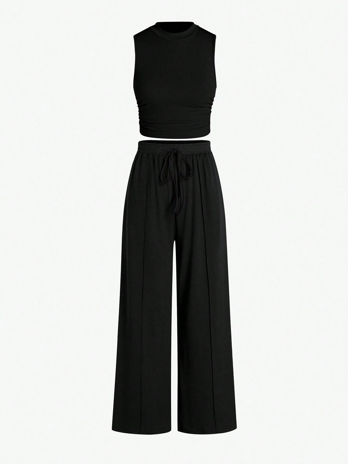 Essnce Summer Casual Solid Color Slim-Fit Ruched Crop Top And Long Pants Set shein