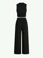 Essnce Summer Casual Solid Color Slim-Fit Ruched Crop Top And Long Pants Set shein