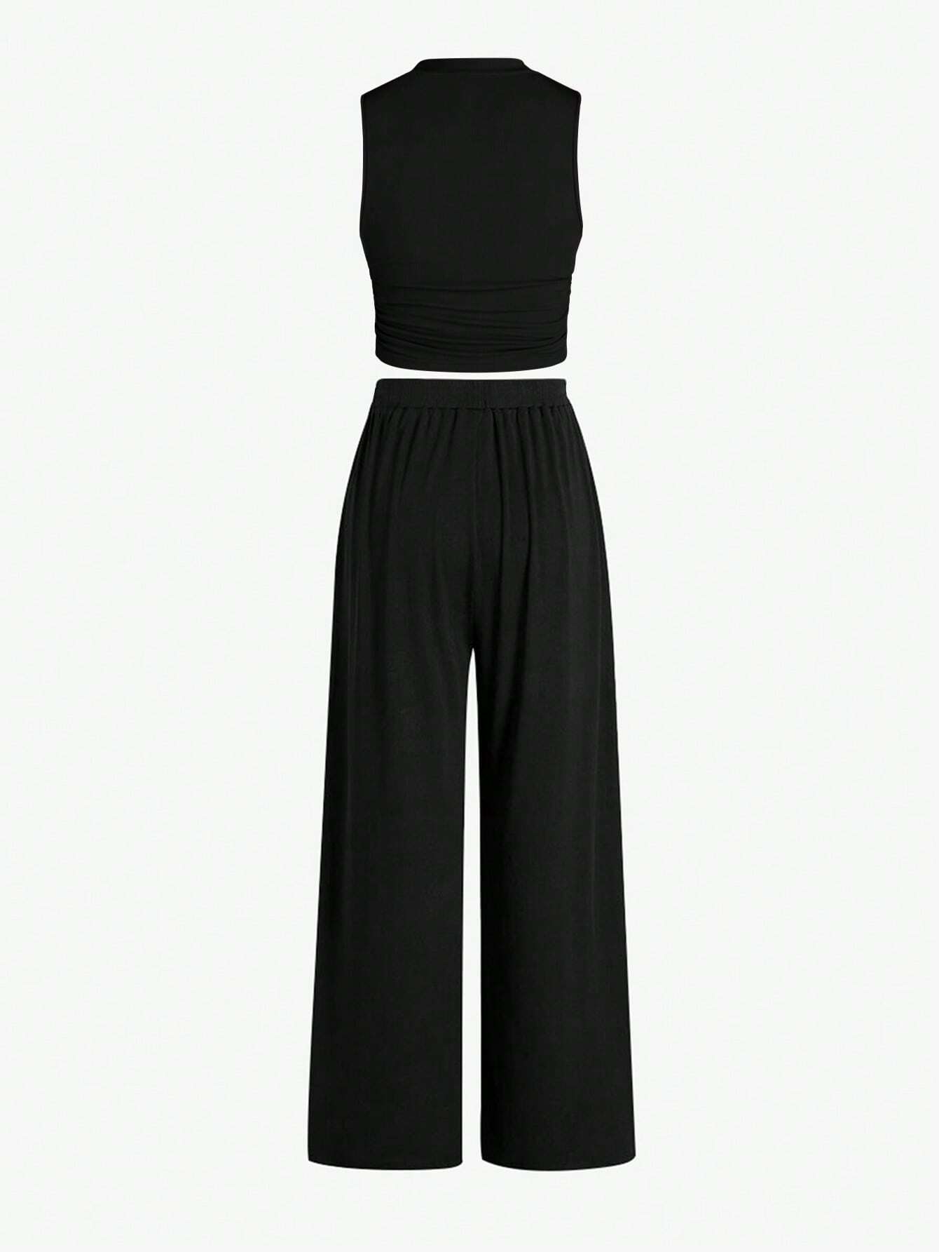 Essnce Summer Casual Solid Color Slim-Fit Ruched Crop Top And Long Pants Set shein