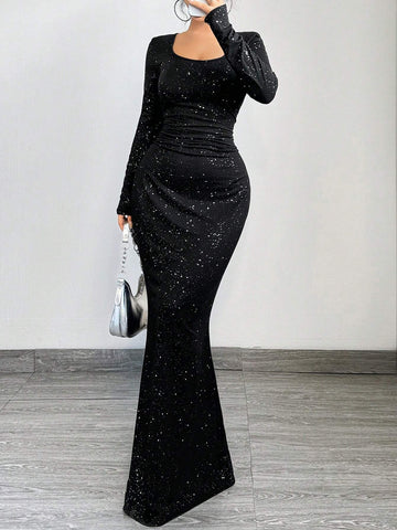 SXY Elegant And Glamorous Ruched Waist Fitted Black Glittery Square Neck Long Sleeve Dress