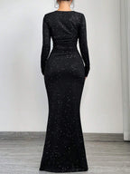 SXY Elegant And Glamorous Ruched Waist Fitted Black Glittery Square Neck Long Sleeve Dress shein