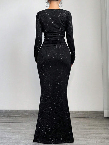 SXY Elegant And Glamorous Ruched Waist Fitted Black Glittery Square Neck Long Sleeve Dress