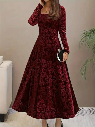 Floral Print Square Neck Velvet Long Sleeve Dress