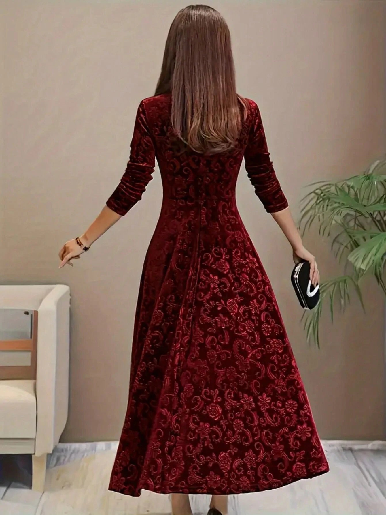 Floral Print Square Neck Velvet Long Sleeve Dress shein
