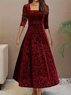 Floral Print Square Neck Velvet Long Sleeve Dress shein