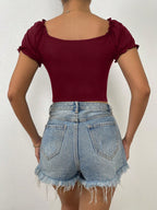 Raffinéa Ruched Front Sweetheart Neck Puff Sleeve Crop Tee shein