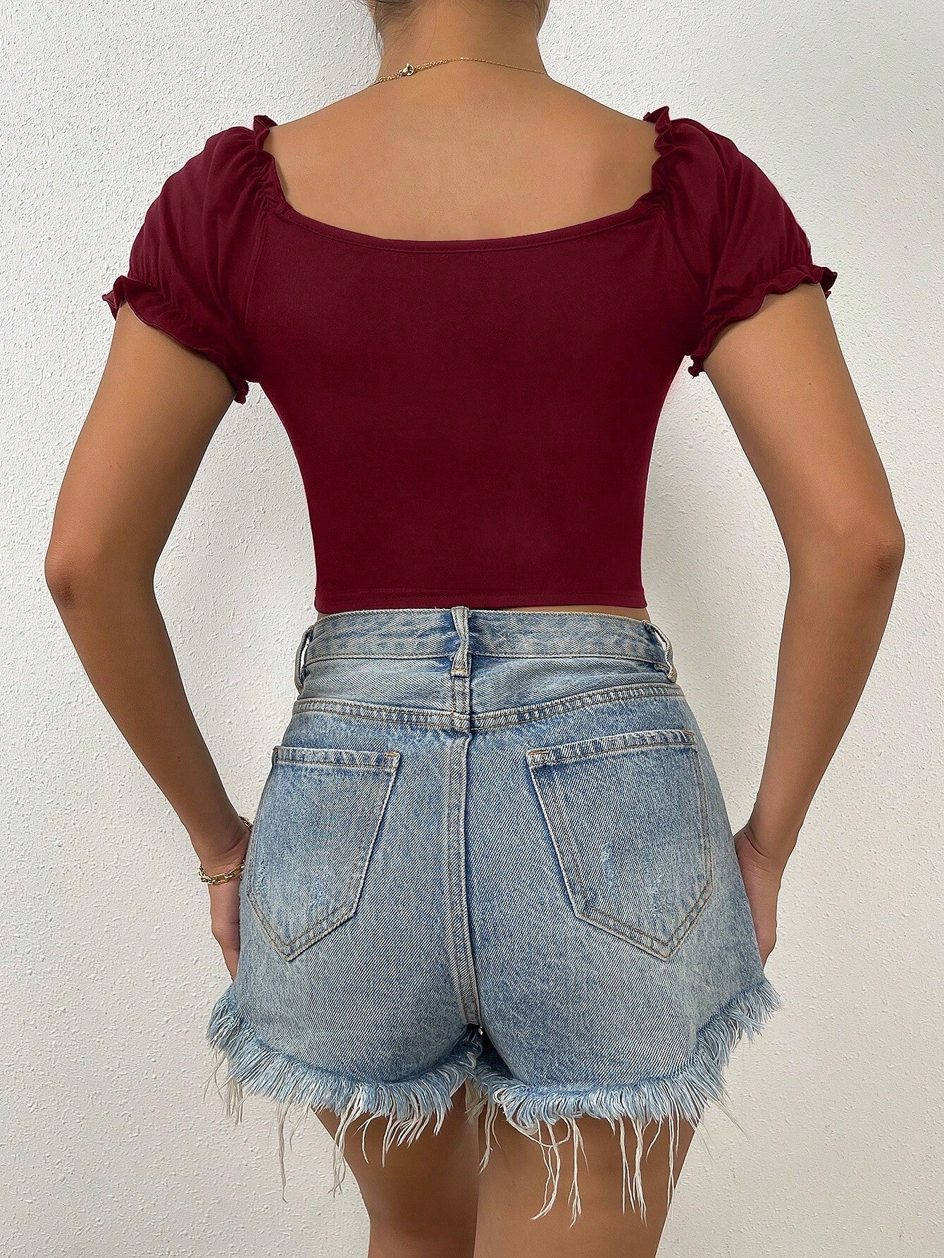Raffinéa Ruched Front Sweetheart Neck Puff Sleeve Crop Tee shein