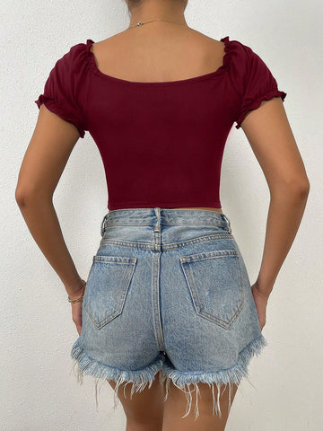 Raffinéa Ruched Front Sweetheart Neck Puff Sleeve Crop Tee