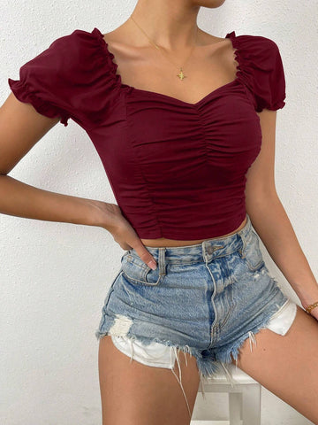 Raffinéa Ruched Front Sweetheart Neck Puff Sleeve Crop Tee