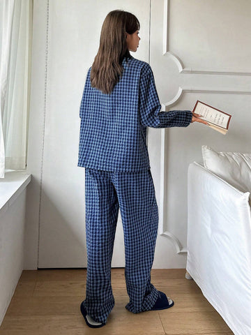 DAZY 2pcs Plaid Embroidery Pajama Set Shein