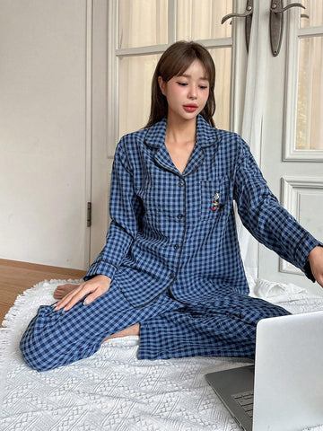 DAZY 2pcs Plaid Embroidery Pajama Set Shein