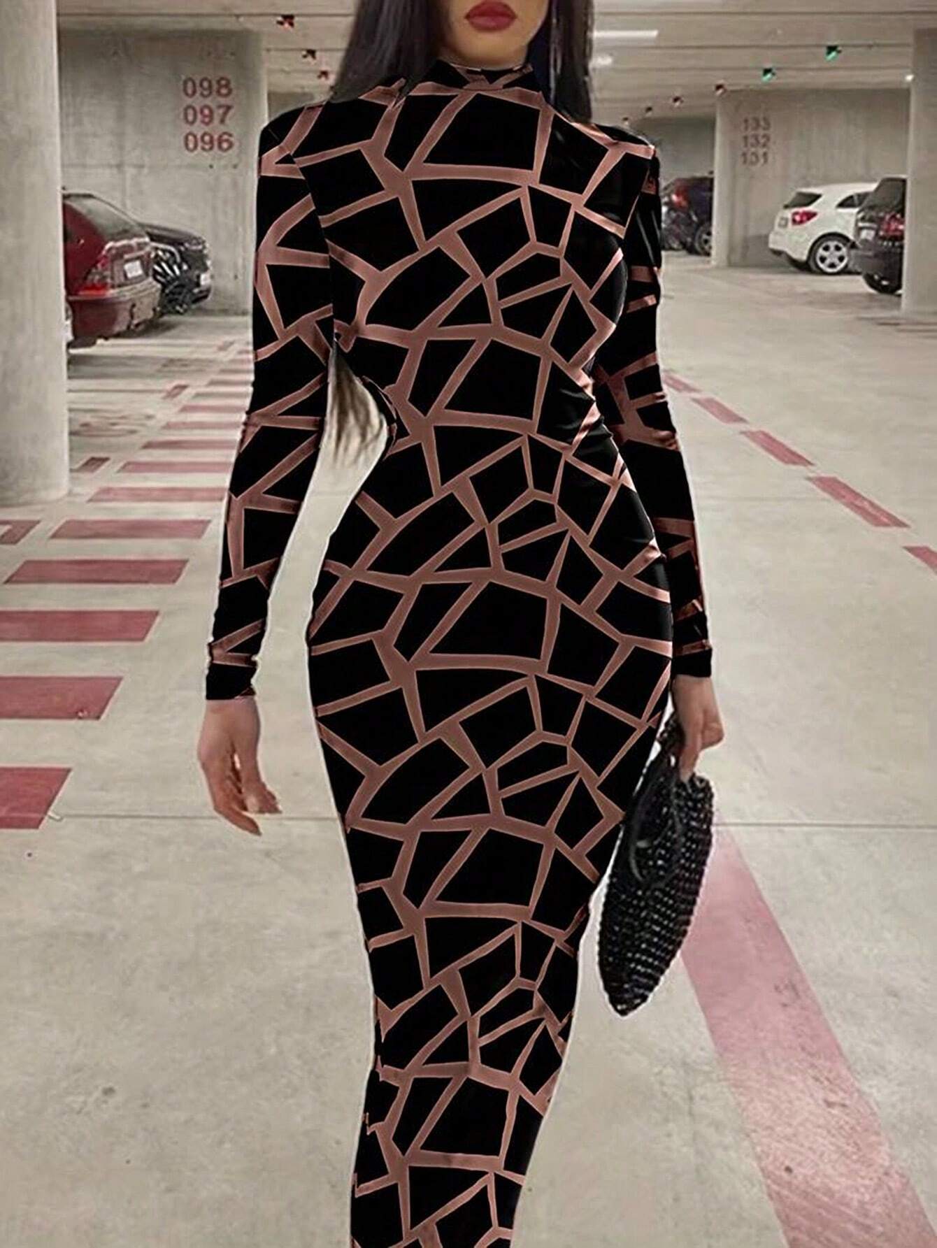 Slayr Women's Solid Color Stand Collar Pleated Elegant Long Sleeve Dress shein