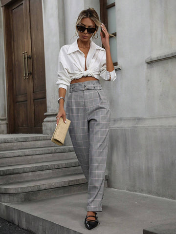 Modichic Commuting Fashionable Classic Colorful Plaid Pattern Fabric Belt Straight Waisted Cone Trousers shein