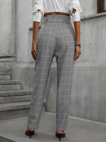 Modichic Commuting Fashionable Classic Colorful Plaid Pattern Fabric Belt Straight Waisted Cone Trousers shein