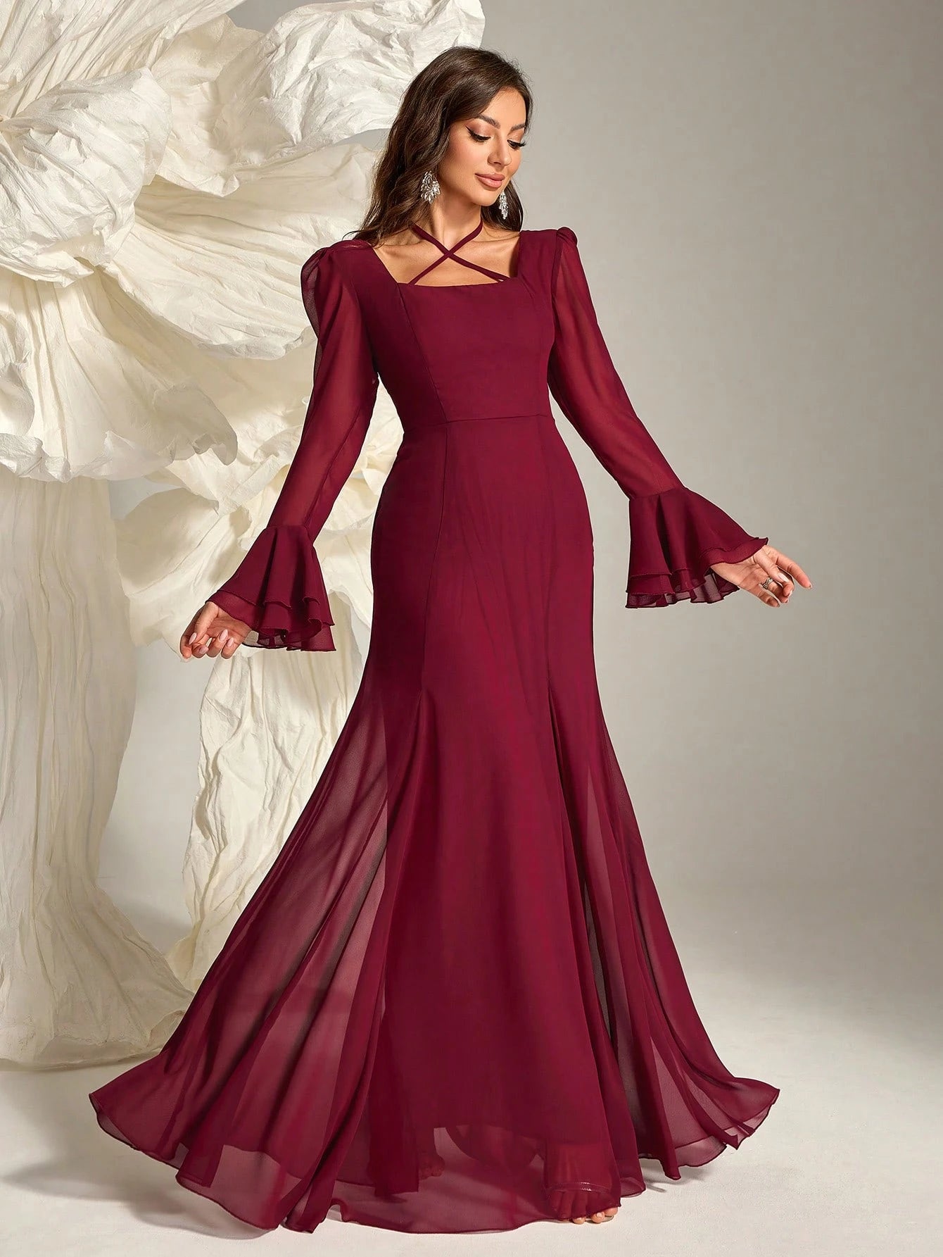 Women's Solid Color Bell Sleeve Maxi Casual Dress