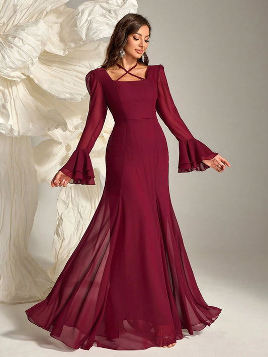Women's Solid Color Bell Sleeve Maxi Casual Dress