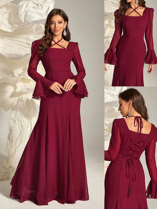 Women's Solid Color Bell Sleeve Maxi Casual Dress