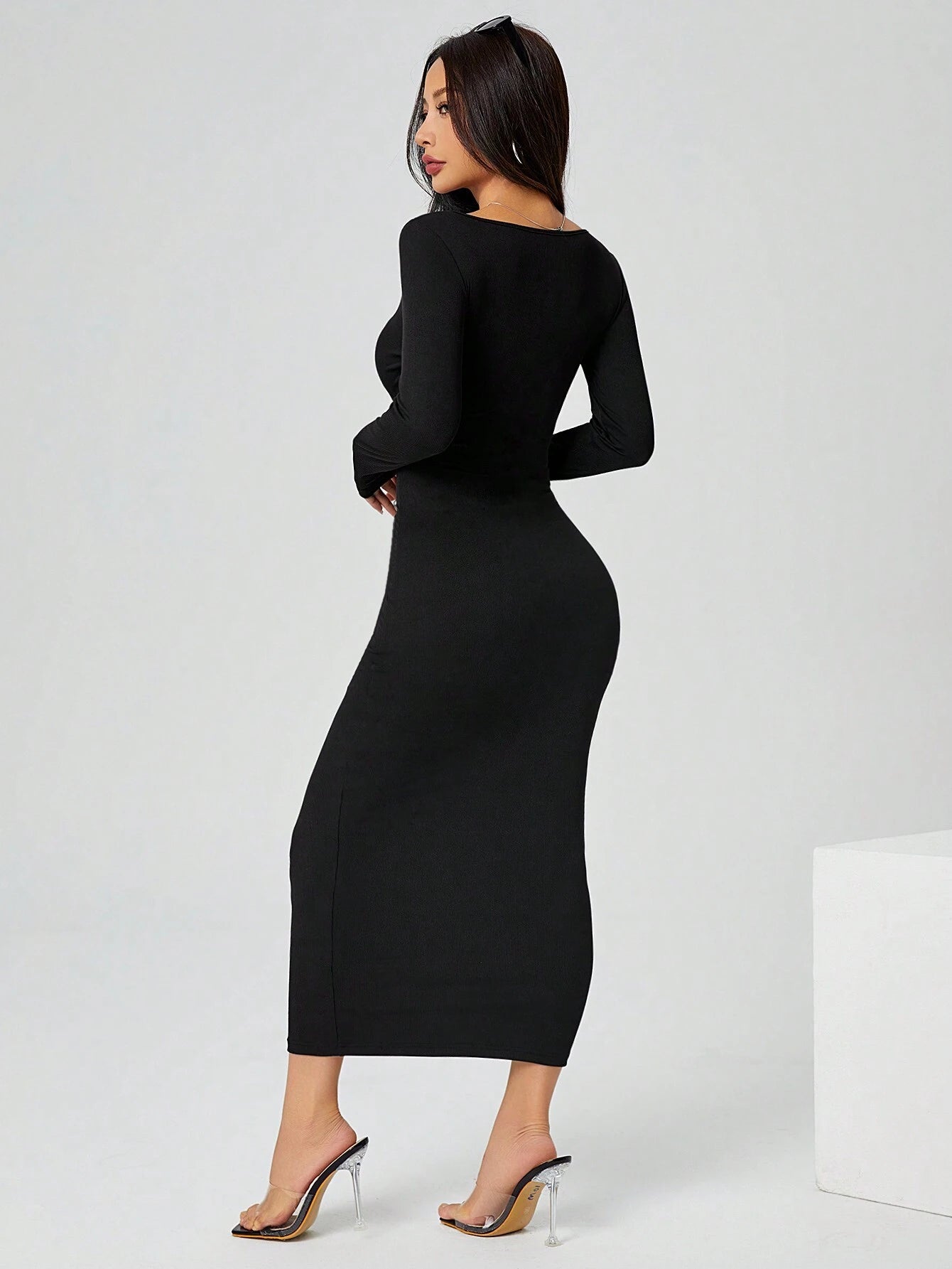 PETITE Autumn Wear Solid Color Square Neck Tight Black Long-Sleeved Dress shein