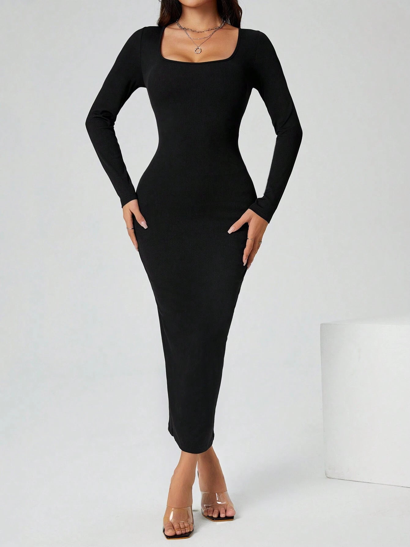 PETITE Autumn Wear Solid Color Square Neck Tight Black Long-Sleeved Dress shein