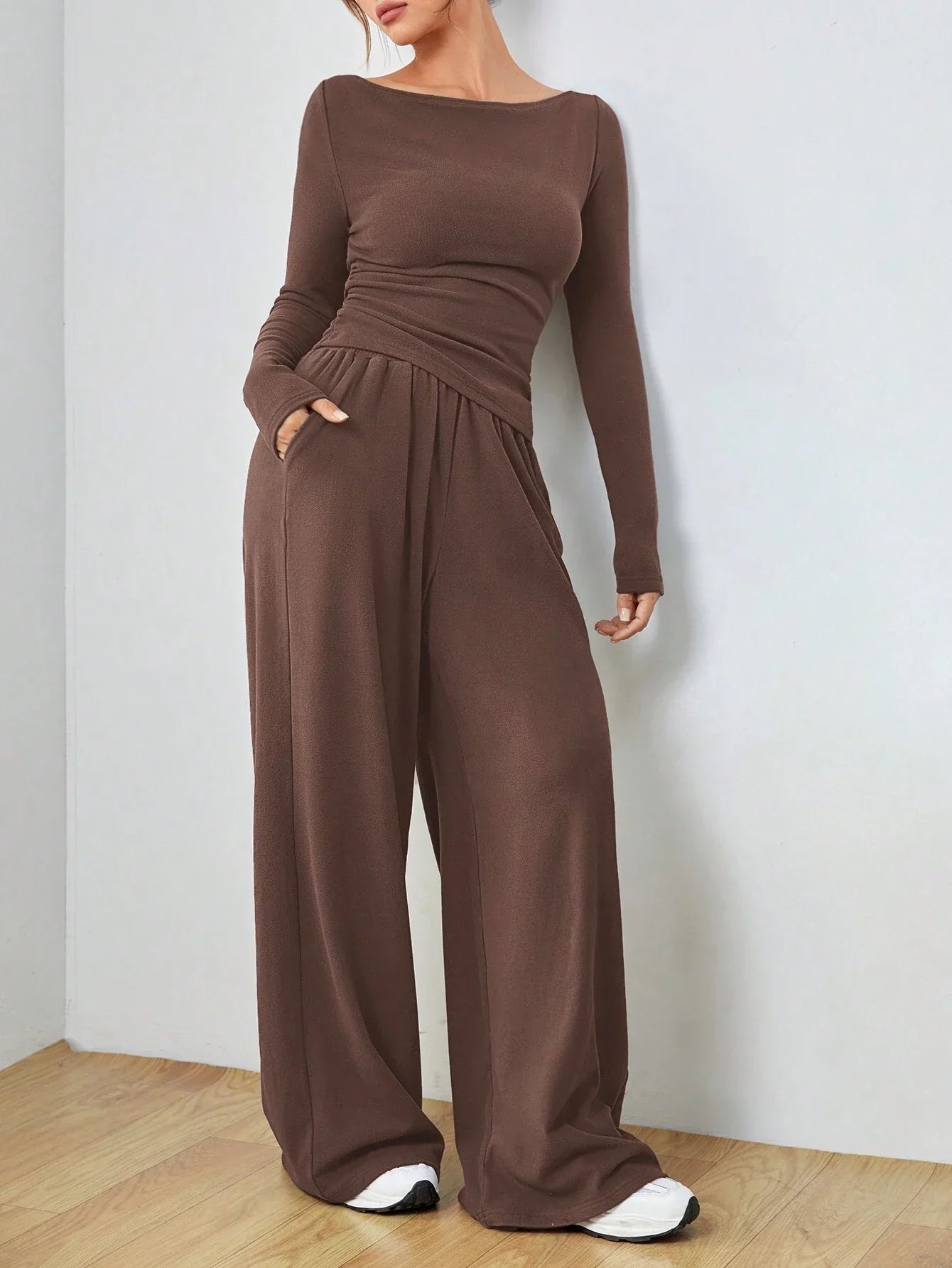EZwear Knitted Women's Slim Fit Boat Neck Long Sleeve Top And Wide Leg Pants Set shein