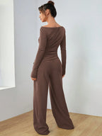 EZwear Knitted Women's Slim Fit Boat Neck Long Sleeve Top And Wide Leg Pants Set shein