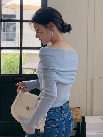 DAZY 1pc Women Off Shoulder Solid Fitted Mock Neck Sweater
