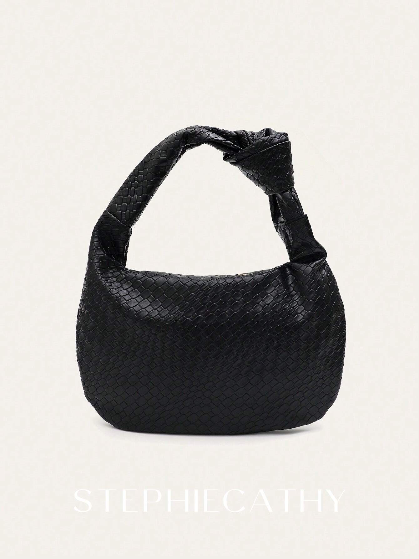 Fashionable Woven Embossed Soft PU Vegan Leather Knotted Strap Small Top-Handle Shoulder Hobo Bag shein