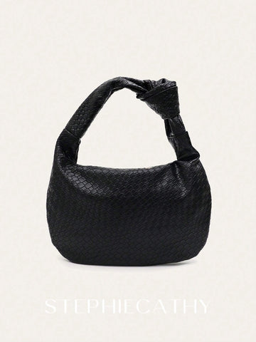 Fashionable Woven Embossed Soft PU Vegan Leather Knotted Strap Small Top-Handle Shoulder Hobo Bag