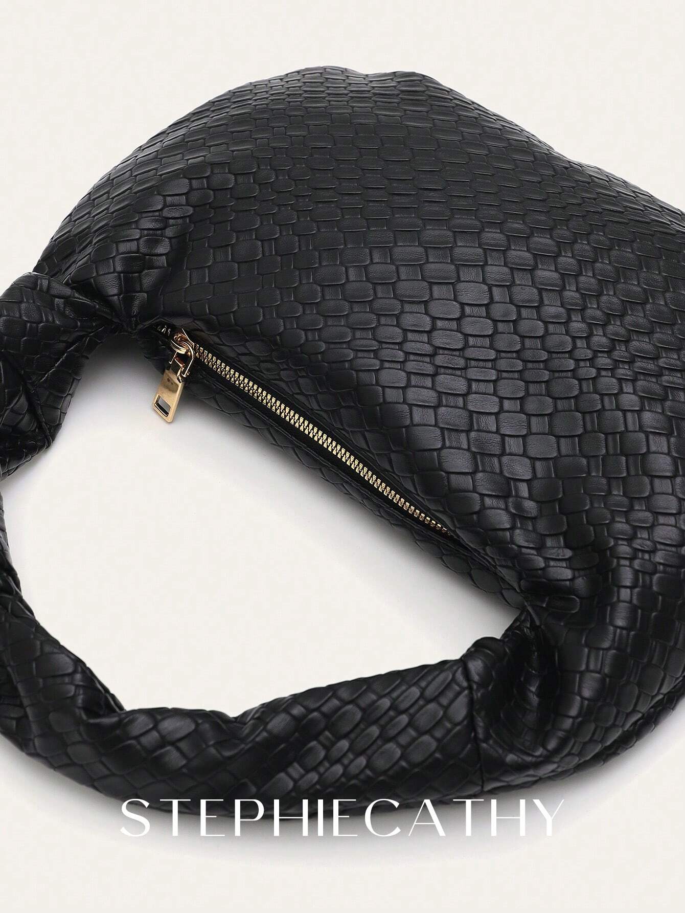 Fashionable Woven Embossed Soft PU Vegan Leather Knotted Strap Small Top-Handle Shoulder Hobo Bag shein