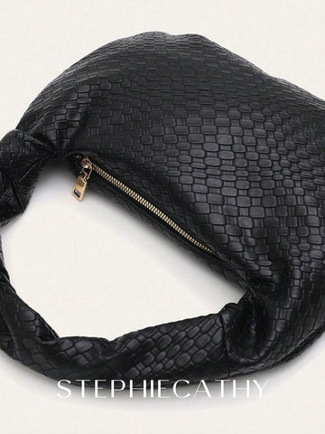 Fashionable Woven Embossed Soft PU Vegan Leather Knotted Strap Small Top-Handle Shoulder Hobo Bag