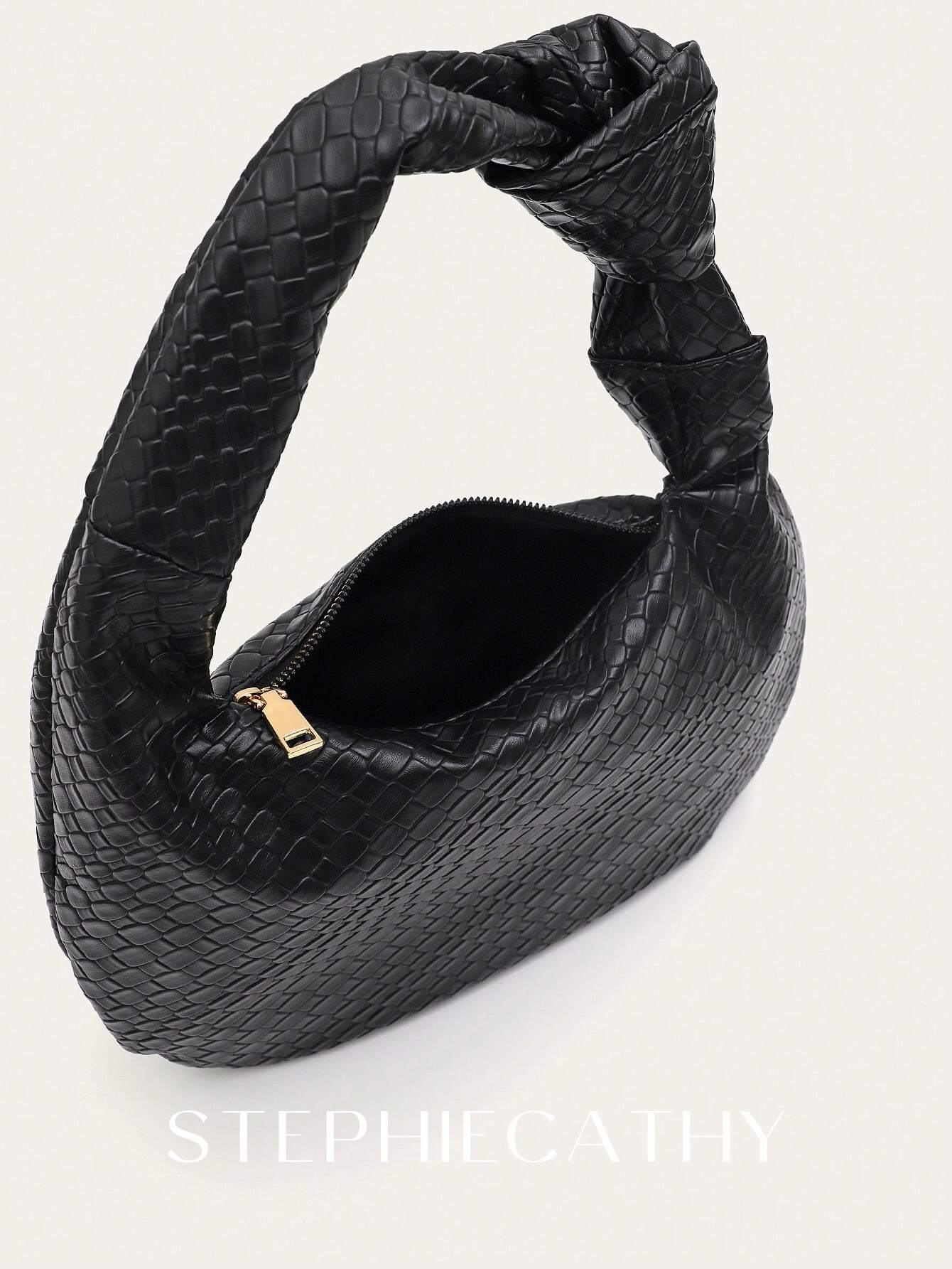 Fashionable Woven Embossed Soft PU Vegan Leather Knotted Strap Small Top-Handle Shoulder Hobo Bag shein