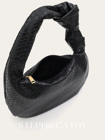 Fashionable Woven Embossed Soft PU Vegan Leather Knotted Strap Small Top-Handle Shoulder Hobo Bag