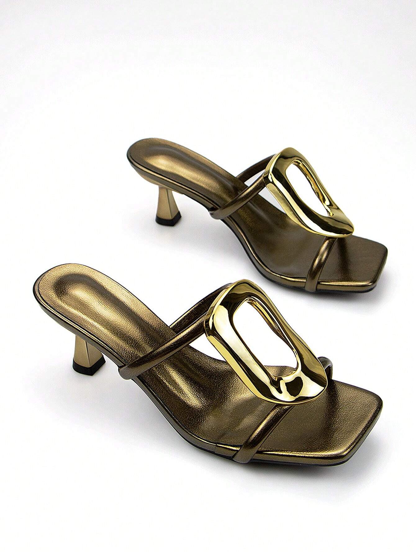 Women's Elegant & Fashionable Silver Metallic Buckle Decorated High Heel Mules shein