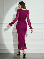 Modely Women's Solid Color Mesh Contrast Long Sleeve Casual Dress shein