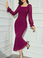 Modely Women's Solid Color Mesh Contrast Long Sleeve Casual Dress shein