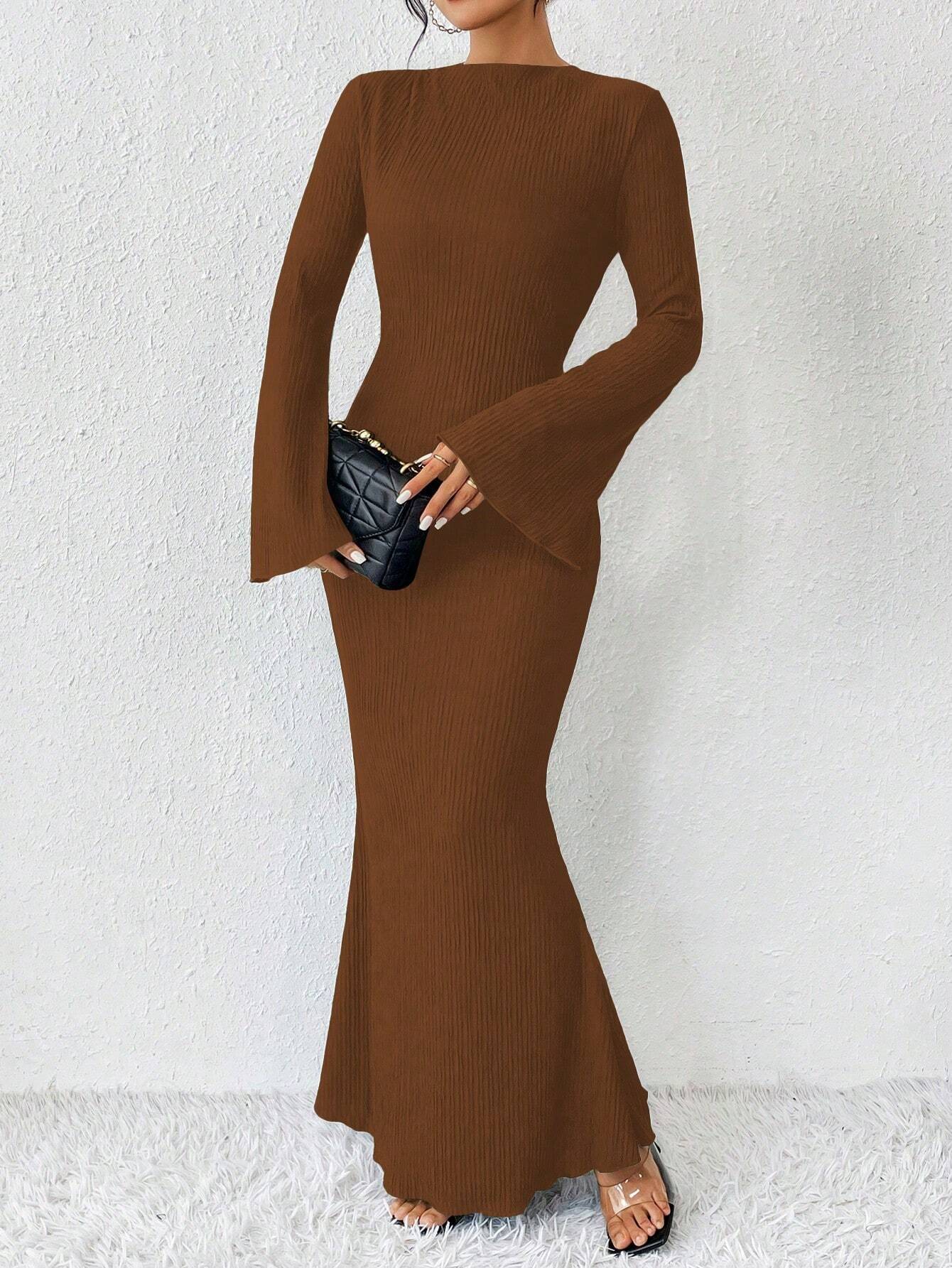 Rafferiza Solid Color Long Bell Sleeve Women's Dress shein