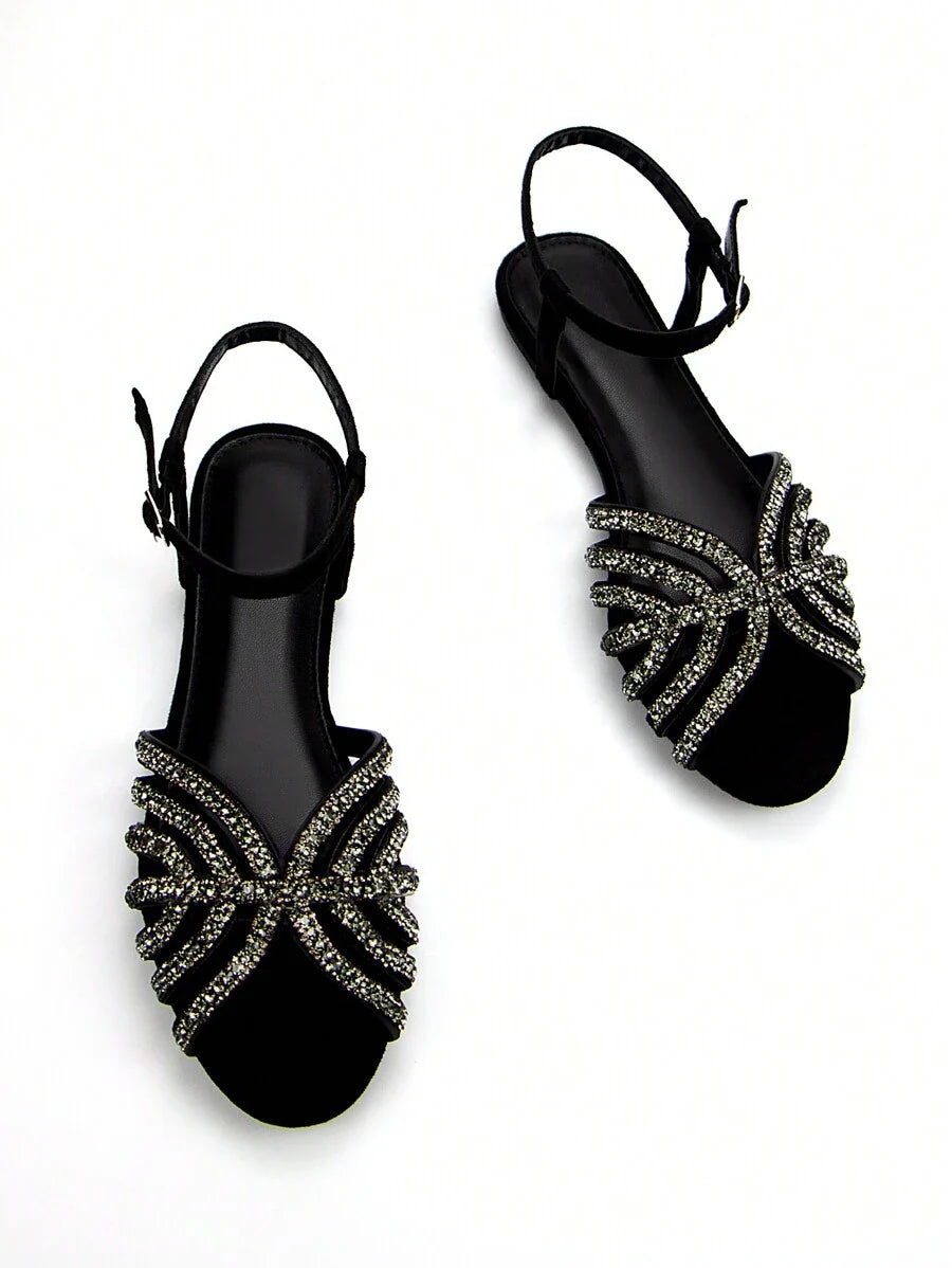 Women Glitter Rhinestone Hollow-Out Decor Suede Fashionable Peep Toe Ankle Strap Flats shein