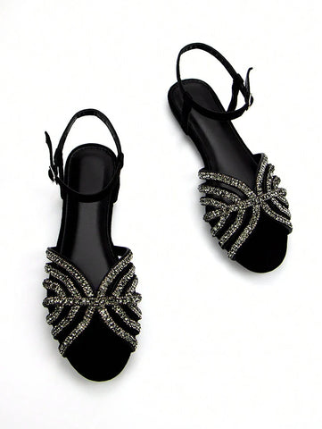 Women Glitter Rhinestone Hollow-Out Decor Suede Fashionable Peep Toe Ankle Strap Flats
