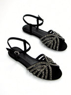 Women Glitter Rhinestone Hollow-Out Decor Suede Fashionable Peep Toe Ankle Strap Flats shein