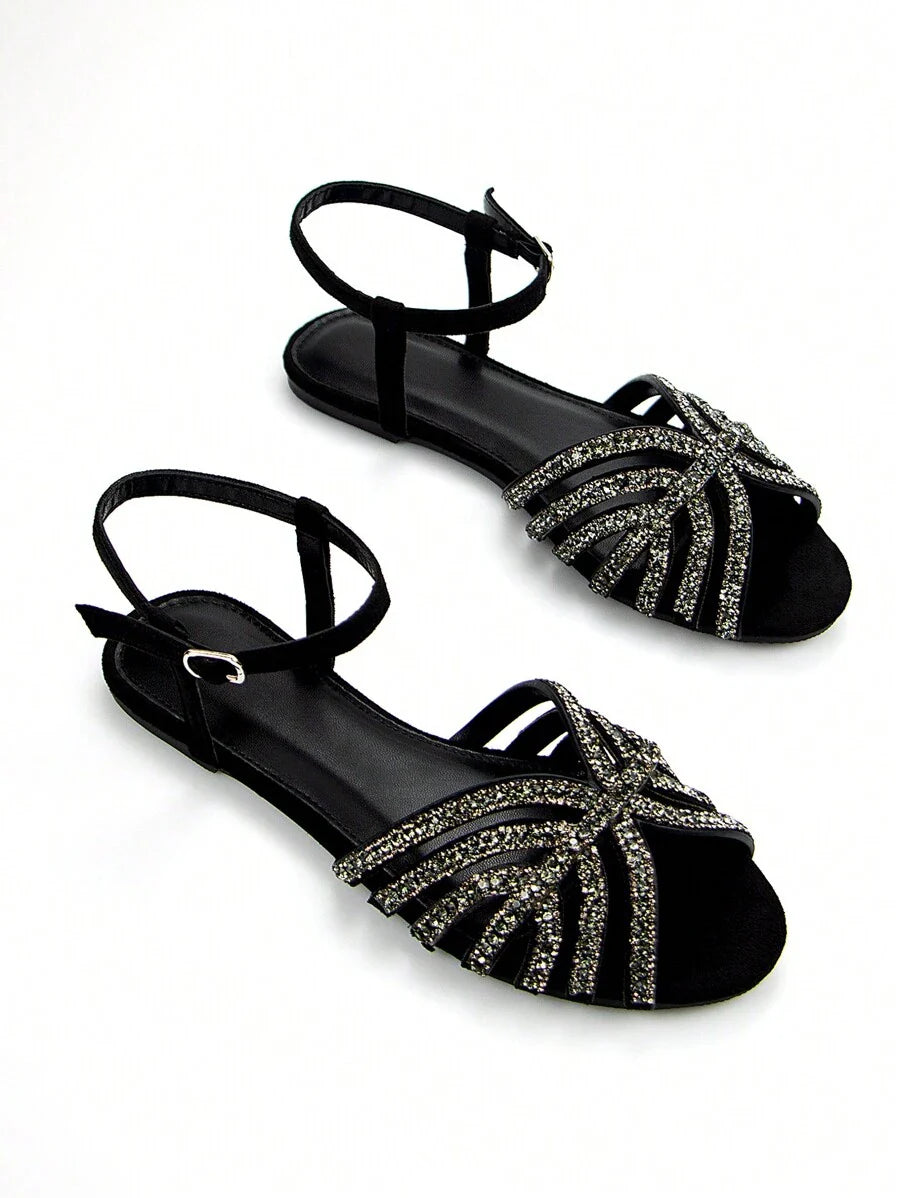 Women Glitter Rhinestone Hollow-Out Decor Suede Fashionable Peep Toe Ankle Strap Flats shein