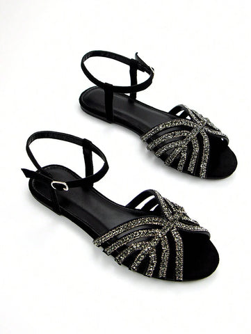 Women Glitter Rhinestone Hollow-Out Decor Suede Fashionable Peep Toe Ankle Strap Flats